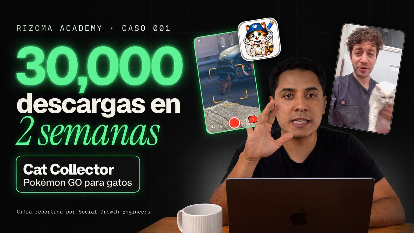 Portada horizontal del caso Cat Collector: 30,000 descargas en dos semanas reportadas por Social Growth Engineers