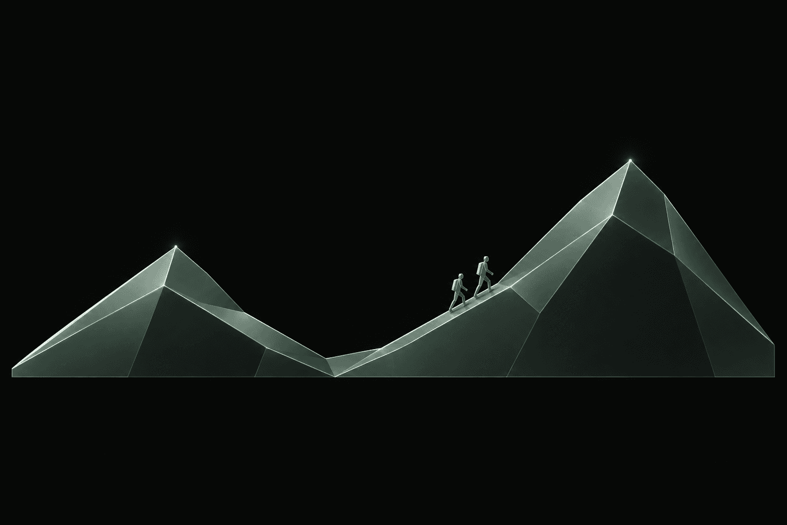 Two people walk uphill together toward the highest peak